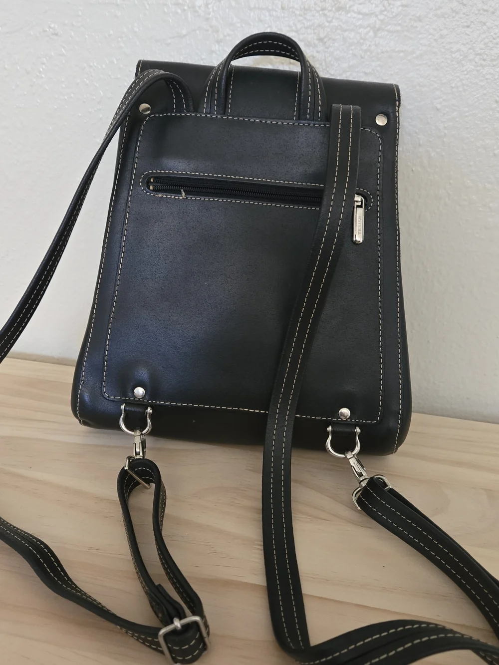 Unisex Black Leather Backpack with Buckle Strap